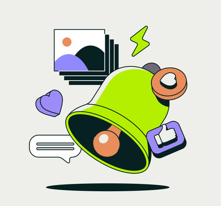 Notification bell with social media icons, speech bubbles, and abstract elements, symbolizing...
