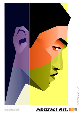 Modern abstract geometric portrait of a man in vibrant colors. Polygonal style, split into contrasting color panels. Perfect for posters, prints, contemporary designs. Vector illustrationのイラスト素材