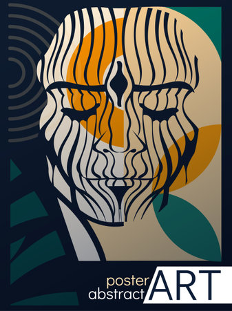 Abstract poster featuring a stylized face with bold lines and geometric shapes in earthy tones. Perfect for creative, modern, and artistic projects. Vector illustrationのイラスト素材