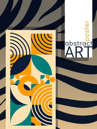 Abstract poster featuring geometric patterns, bold lines, and contrasting colors. Modern and artistic design, ideal for creative projects and branding. Vector illustrationのイラスト素材