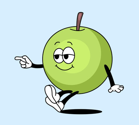 Funny green apple cartoon character with a smiling face, pointing hand gesture, and walking pose, isolated on a light blue background. Flat vector illustrationのイラスト素材