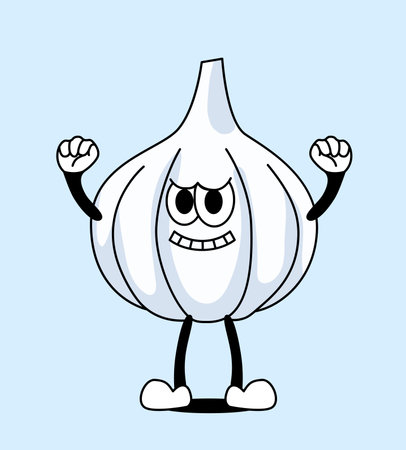 Funny cartoon garlic character with an expressive face, clenched fists in a strong pose, isolated on a light blue background. Vector illustrationのイラスト素材