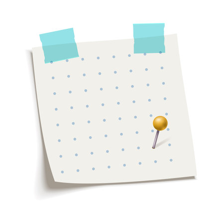 Polka dot paper note with two blue adhesive tapes and a yellow pushpin on a white background, realistic vector illustration with shadows, perfect for reminders or creative designsのイラスト素材