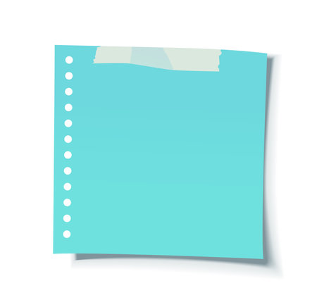 Blue perforated paper note with white adhesive tape on a white background, realistic vector illustration with shadows, ideal for reminders, creative projects, or presentationsのイラスト素材