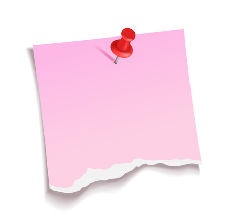 Pink torn paper note with a red pushpin isolated on a white background, realistic vector illustration with shadows, ideal for reminders, creative projects, or presentationsのイラスト素材