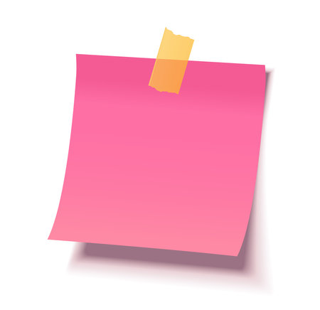 Pink sticky note with a yellow piece of tape isolated on a white background, realistic vector illustration with curled edge and shadows, ideal for reminders, design, or creative concepts.のイラスト素材