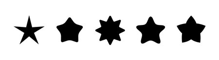 Set of five black star shapes with different designs in a horizontal row on a white background. Minimalistic vector illustration for ratings, symbols, or creative decorationのイラスト素材