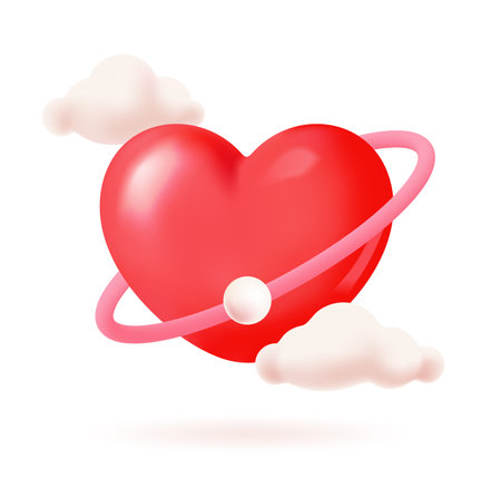 Red heart with a pink orbit ring, white clouds, and a glossy effect, isolated on a light background, perfect for love, romance, and Valentines Day designs. Cartoon vector illustrationのイラスト素材