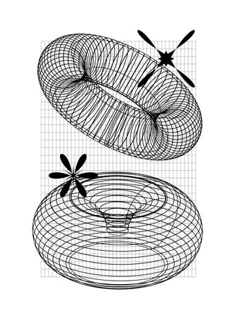 Abstract wireframe 3D torus shapes with grid patterns and decorative elements. Perfect for modern art, graphic design, technology visuals, and digital projectsのイラスト素材