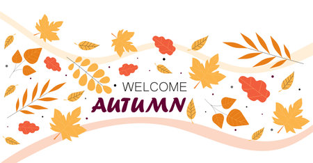 Welcome autumn poster. Yellow and red foliage and leaves. Fall season. Greeting postcard template. September, october and november. Flat vector illustration isolated on white backgroundのイラスト素材