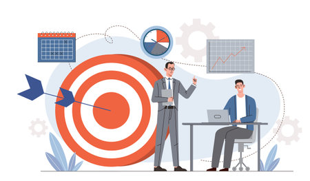 Business goals achieved. Businessman and colleague stand near target with dart. Organizing efficient work process. Motivation and leadership, success. Flat vector illustrationのイラスト素材