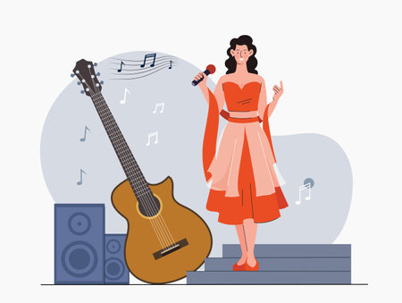 Singer with guitar. Woman with microphone performs on stage. Musical concert and performance. Musician at scene with mic. Entertainment and fun. Flat vector illustrationのイラスト素材