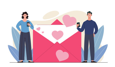 Couple near love letter. Man and woman near envelope with letter. Romantic correspondence. Love, romance and passion. Distance communication and interaction. Flat vector illustrationのイラスト素材