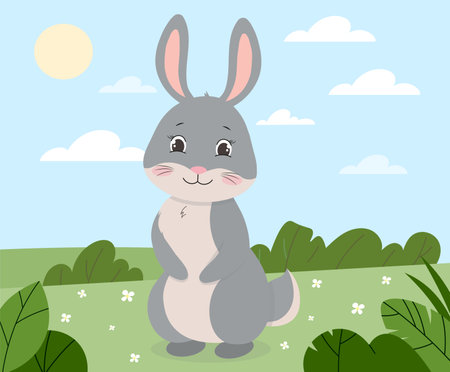 Rabbit at lawn. Cute wild animal sitting outdoors. Forest dweller in sunny spring or summer day. Pet on nature. Cheerful grey hare. Fauna and wildlife. Flat vector illustrationのイラスト素材