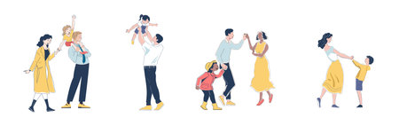 Diverse families celebrate set. Men and women with children. Good family relationships. Positive and optimistic. Parents and children. Linear vector collection isolated on white backgroundのイラスト素材