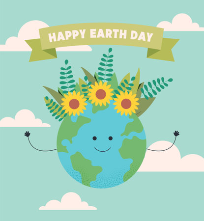 Happy Earth day poster. Globe with sunflowers and grass. Caring for nature, ecology and environment. International holiday and festival 21 June. Flat vector illustrationのイラスト素材