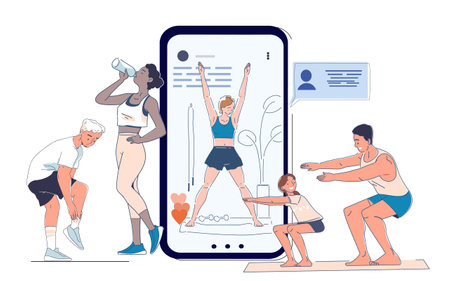 Online sport lesson. Men and women squat near huge smartphone with fitness trainer. Active lifestyle and sports. Training and workout. Physical activity. Linear vector illustrationのイラスト素材
