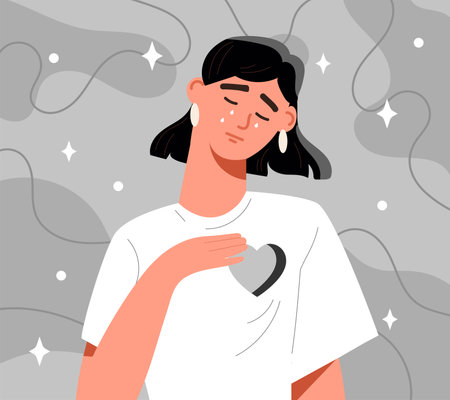 Sad woman holding broken heart. Vector illustrationのイラスト素材