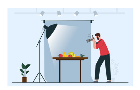 Photographer capturing fruit setup. Vector illustrationのイラスト素材