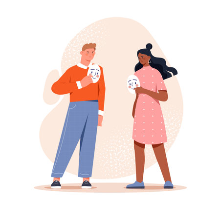 People holding emotion masks. Vector illustrationのイラスト素材