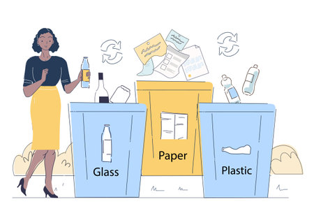 Recycling bins and woman. Vector illustrationのイラスト素材