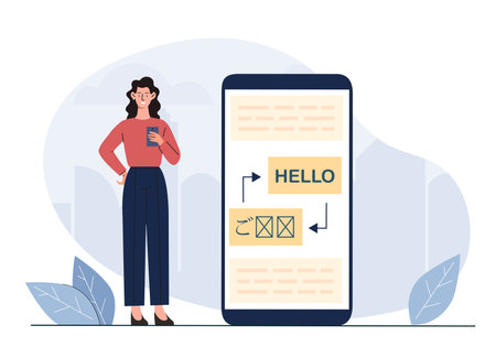 Woman using language translator app. Vector illustrationのイラスト素材