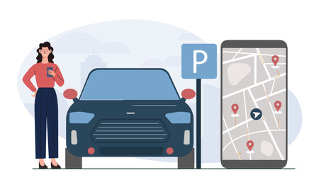 Woman using parking app concept. Vector illustrationのイラスト素材
