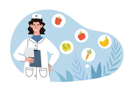 Nutritionist with healthy food icons. Vector illustrationのイラスト素材