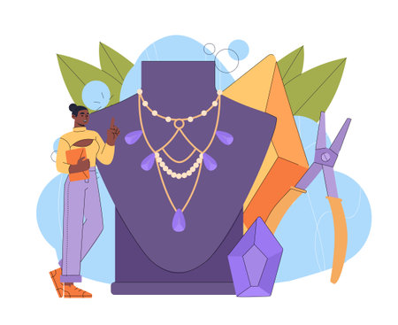 Woman with jewelry. Young girl near dummy with golden necklace with diamond and gemstone. Beauty, elegance and aesthetics. Jeweler with luxurious decorations. Flat vector illustrationのイラスト素材
