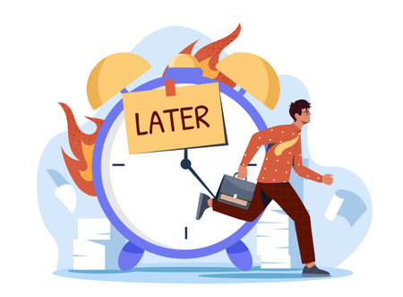 Man delaying deadlines. Young guy runs near burning clock with inscription later. Bad time management and deadline pressure. Ineffective work process organization. Flat vector illustrationのイラスト素材