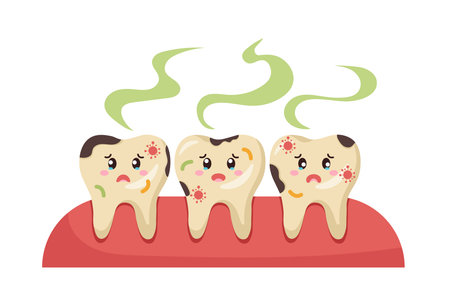 Dirty and smelly teeth. Tooth with bad smell and caries. Problems with oral hygiene and treatment. Dentistry and stomatology. Oral and cavity disease. Flat vector illustrationのイラスト素材