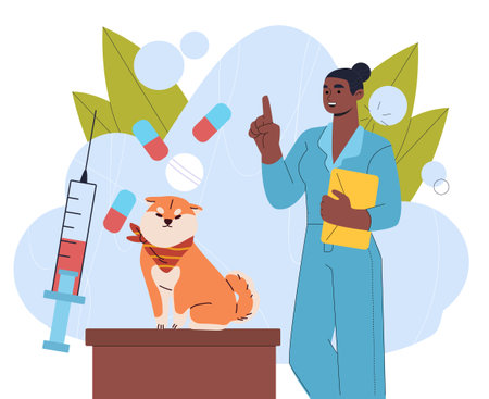 Dog in veterinary clinic. Woman in medical uniform with dog near syringe and pills. Diagnosis and treatment. Care about domestic animals and pets. Flat vector illustrationのイラスト素材