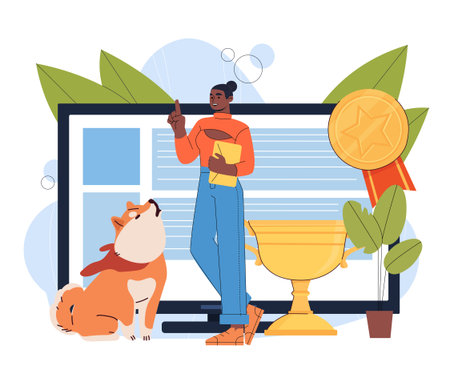 Forum about animals. Woman with dog near computer screen and golden trophy. Social networks for owners. Domestic animals and pets. Veterinary platform. Flat vector illustrationのイラスト素材