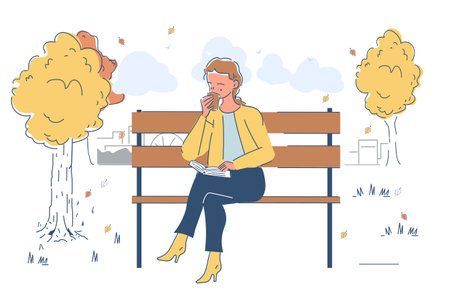 Woman enjoying coffee in park. Young girl with hot drink sitting on bench. Person enjoying autumn day and read book. Fall season scene, outdoor recreation. Linear vector illustrationのイラスト素材