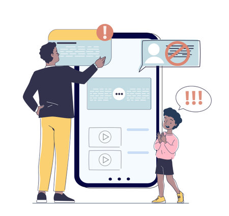 Parental control concept. Man and boy near smartphone. Internet access ban for children. Online safety and protection. Prohibited content on internet. Linear vector illustrationのイラスト素材