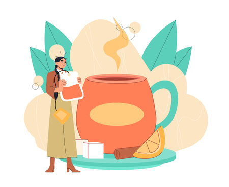 Tea party woman. Young girl near huge cup with slice of lemon and sugar. Person enjoying hot drink and beverage. Tea ceremony and ritual, teatime. Flat vector illustrationのイラスト素材
