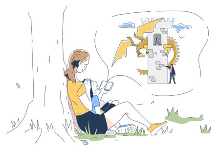 Mother telling tale. Woman with daughter sitting and read book outdoors. Fantasy and imagination. Love for reading and literature. Leisure and recreation. Linear vector illustrationのイラスト素材