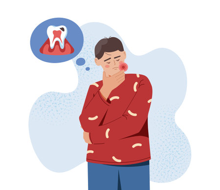 Boy with toothache symptom. Young guy holds his sore cheek. Caries and stomatitis. Oral illnesses and diseases. Dentistry and stomatology. Healthcare and medicine. Flat vector illustrationのイラスト素材