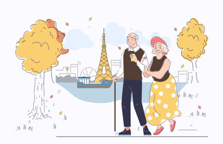 Tourists near landmark. Elderly man and woman walking in Paris near Eiffel Tower. Tourist in France. Travel and trip, journey. Holiday and vacation. Linear vector illustrationのイラスト素材