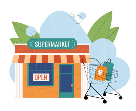 Trip to supermarket. Shopping cart with bags near market or store building. Shopping and retail. Purchases in store. Discounts, sales and promotions. Flat vector illustrationのイラスト素材