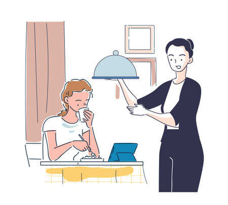 Waiter with client. Woman with dish near young girl. Cafe or restaurant with coffee or tea. Graphic element for website. Cafeteria worker with client. Linear vector illustrationのイラスト素材