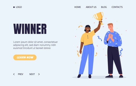 Winner landing page. Man and woman with golden cup in hands. Motivation, leadership and success. Reward and award for employee. Poster or banner. Flat vector illustrationのイラスト素材