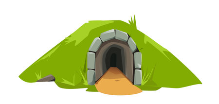 Stone cave entrance. Green and dark entrance to mountains. Old and rustic mine. Hole in cliff. Natural landscape. Poster or banner. Flat vector illustrationのイラスト素材