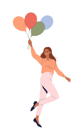 Happy person flying with balloons. Happy woman flying on inflatable helium balloons and dreaming. Positive and Inspiration. Concept of freedom and joy. Flat vector illustrationのイラスト素材