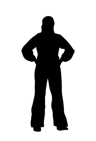 People silhouette. Monochrome black icon with confident businesswoman standing with hands on waist. Entrepreneur or worker. Rear view of character. Flat vector illustrationのイラスト素材