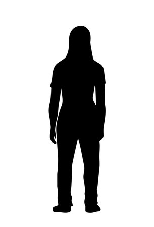 People silhouette. Monochrome black icon with full length figure of woman. Rear view of standing character. Girl in casual clothes. Flat vector illustrationのイラスト素材