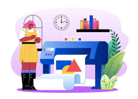 Woman operating large format printer in studio. Vector illustrationのイラスト素材