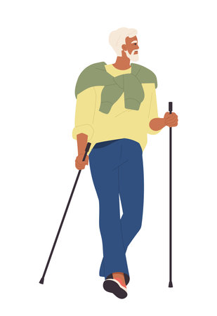 Happy elderly person doing sports. Smiling retired grandfather holds sticks and practices Nordic walking. Senior man leads active lifestyle. Flat vector illustrationのイラスト素材
