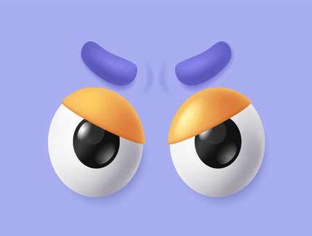 3D eyes. Cartoon icon or comic emoji with eyeballs, eyebrows and eyelids expressing emotion of anger and rage. Funny eyesight pair. Realistic vector illustrationのイラスト素材