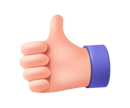 3d hand icon. Cartoon arm showing thumbs up as symbol of approval and appreciation. Funny emoji with palm showing gesture or expressing emotion. Realistic vector illustrationのイラスト素材
